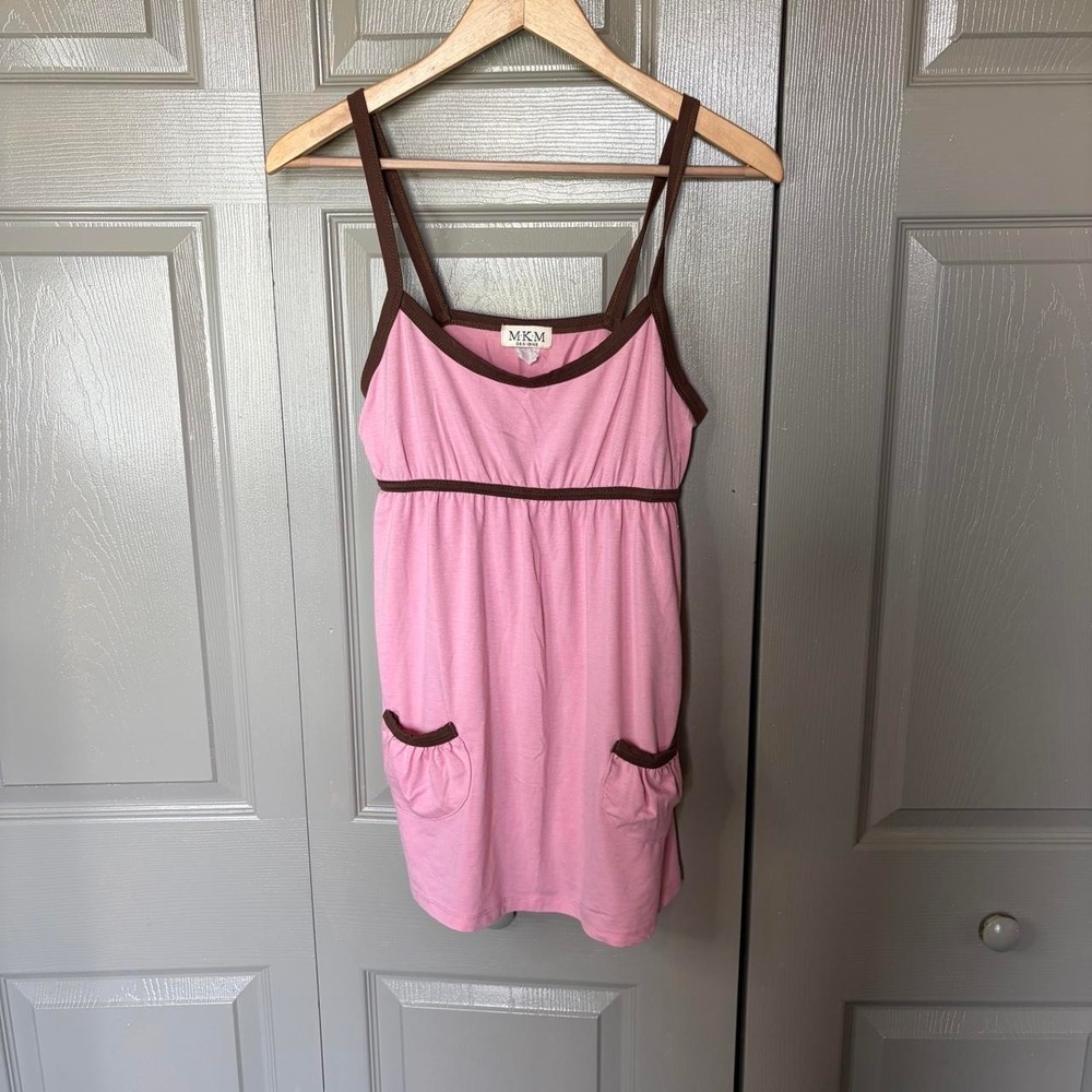 MKM Designs Y2K Pink Brown Babydoll Dress Empire Waist Pockets Womens Small
